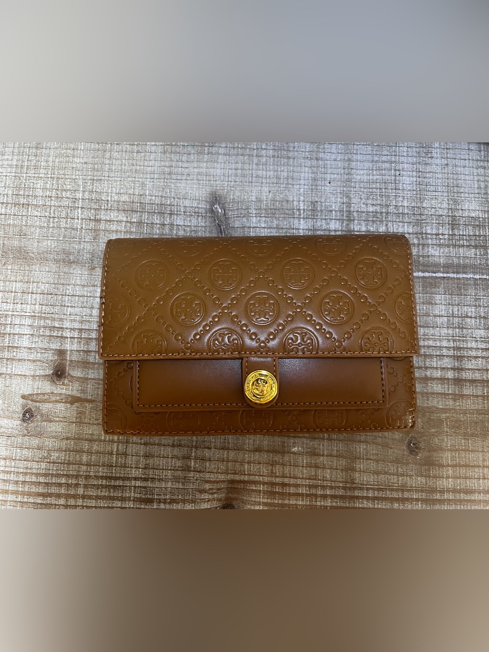 Cognac Embossed Leather Clutch with Gold-Tone Button